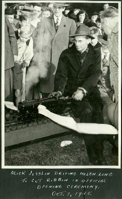 James Josslin driving his 2.5 inch gauge Helen Long locomotive officially opening TSME Acres 7 October 1945. Helen Long was one of the Josslin/LBSC designs.