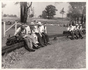 A meet at the Montreal Live Steamers shows Jake Scheib with his Atlantic. The engine behind is Harry Allin's and is being run by his son Bob.