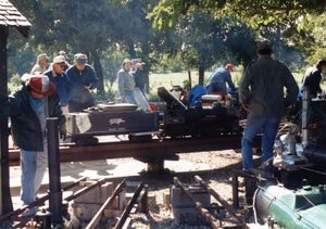 Jack Haskings' "Silver Eagle" Atlantic on the turntable at the Annetta Valley & Western Railroad. Jack is in the left forground with his hand on the turntable air valve. Photo by Stanley Robinson.