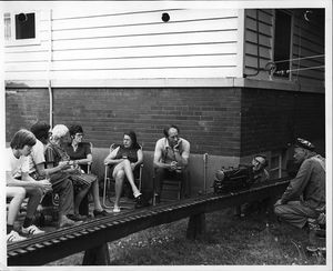 (L-R) Jim Leggett, Bill Leggett Jr., Myrtle Leggett, Nora Davies, Willa Ratcliffe (Leggett), Ed Ratcliffe, Eric Davies and Charlie Purinton.