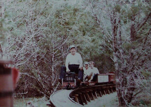 Cliff Pettis routing the trestle at Henry Blossom's track at Wimberley, Texas. Photo by Pete & Donna Green.