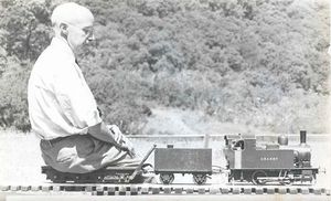 Charles A. "Carl" Purinton, 1898-1999 runs his famous 3-1/2" gauge "Granny" at the Golden Gate Live Steamers