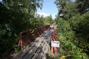 A bridge for a scale rail road crossing a ravine along some of the 1 1/2 mile track of John Greiner's property just east of Rogers.