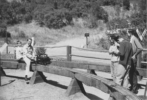 Composer and live steam collector, David Rose, behind a newly purchased British ¾” tanky. The Brotherhood Meet 1952, GGLS Redwood Canyon Park.