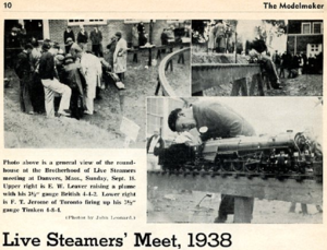 Photo above is a general view of the roundhouse at the Brotherhood of Live Steamers meeting at Danvers, Mass., Sunday, Sept. 18. Upper right is E. W. Leaver raising a plume with his 3-1/2" gauge British 4-4-2. Lower right is F. T. Jerome of Toronto firing up his 3-1/2" gauge Timken 4-8-4. Photos by John Leonard.