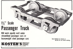 Advertisement featuring Koster's Passenger Trucks, from Live Steam Magazine, June 1975.