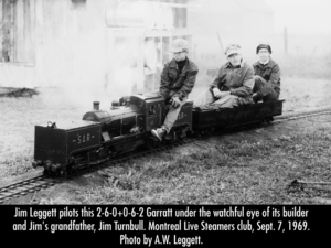 Jim Leggett runs his grandfather's Garratt at the Montreal Live Steamers' club track. This engine was completed in 1965 and was a familiar sight at PVLS, NJLS, and other clubs. Photo by A.W. Leggett, Sept. 7, 1969. From TrainNet.org.