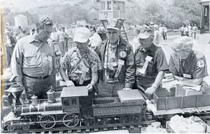 Some of the "Older Heads" in the Brotherhood of Live Steam Fraternity. Left to right: Bill Fitt, publisher of 'Modeltec' magazine; Leo Myers, St Louis, Mo; Harry Dixon, past Western Region B.L.S. Secretary; Austin Barr, Midwest Region B.L.S. Secretary; Gordon Sherwood, Past President, LALS.