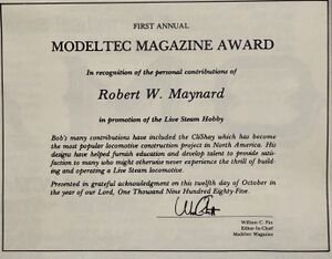 The Modeltec Magazine Award was presented to Robert W Maynard 12 October 1985. From Modeltec, November 1985.