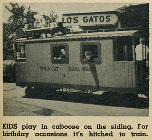 Kids play in caboose on the siding. For birthday occasions it's hitched to train.