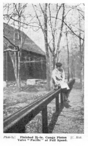 "Finished 2-1/2-in. Gauge Piston Valve 'Pacific' at Full Speed.". L.B.S.C. running on Calvert Holts track. Photo by Calvert Holt, from "The Model Engineer". Thanks to John Baguley.