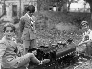 The Booth Brothers at Whysall Light Railway in the late 1930's. Is Horace Shaw at the head of the locomotive?