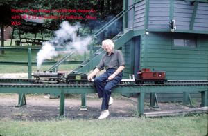 Bob Foster Sr running Locomotive No 27 built by Bill Van Brocklin. Photo taken at Waushakum Live Steamers, 4 July 1989, by Patrick Fahey.