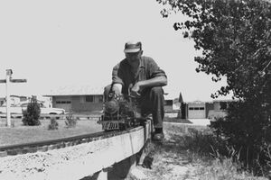 Karl Friedrich and his 4-4-0 at Squires' track in Colorado Springs, Colorado, July 1962. Photo from Ken Scheer.