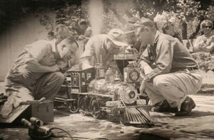 Firing 4-4-0 "Virginian" Locomotive at Cupertino Live Steam Track circa 1965. With Bay Area live steamers Dwight Durkee, Henry Steimle, Builder-Bill Smith, Louie Lawrence and Bill Bay. Photo by Harry Dixon.