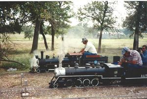 Looking south as two live steamers make their way back to Terrytown Station at the Annetta Valley & Western Railroad. PHoto by Tom Stamey.