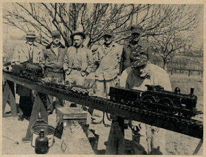 Iowa Model Steam Engineers. Left to right are: M.L. Bogland, E.C. Elliott, Jim Ridenour, Les Glass, Lloyd Schuster, P. G. Scott. Locomotives are: Elliott's 0-4-0, Les Glass' B&A 4-6-6-T, P. G. Scott's 2-4-0 Petrola. From "The Miniature Locomotive", Sep-Oct 1953