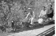 The late GGLS member Bill Bay driving Harry Dixon's "Dixie Belle" at the GGLS old location in Redwood Regional Park, Oakland, CA. Bill's wife is directly behind him and behind her is Connie Harpur, Bob Harpur's wife.