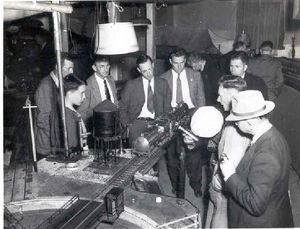 Lester Friend's son "Joe Friend' at far left of photo, listens to a discussion at GGLS Club headquarters--IBLS Meet-1951-Oakland, CA.